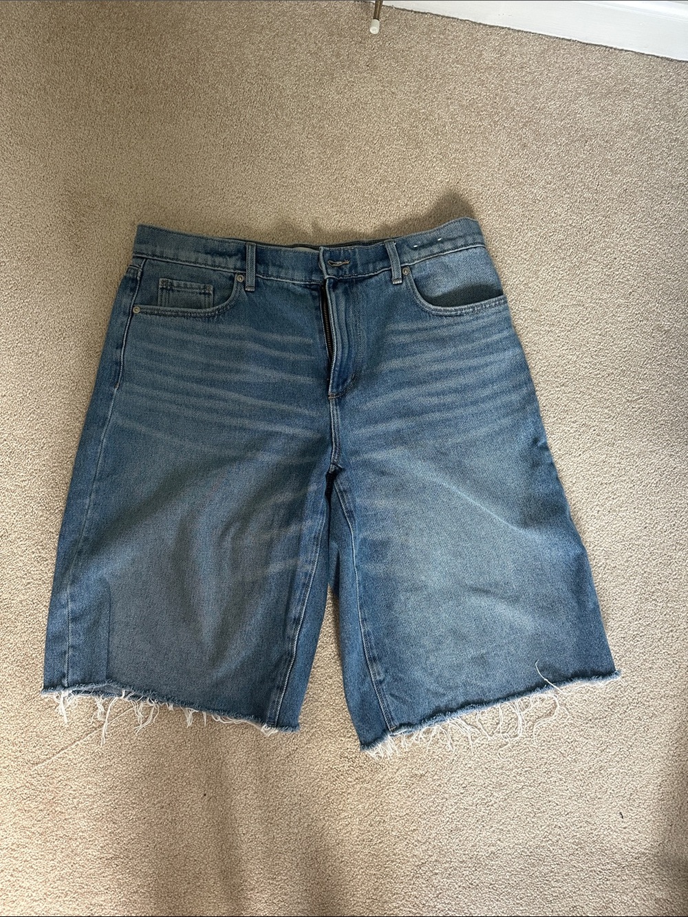 Frayed Hem Mid-Blue Denim Bermuda Shorts
